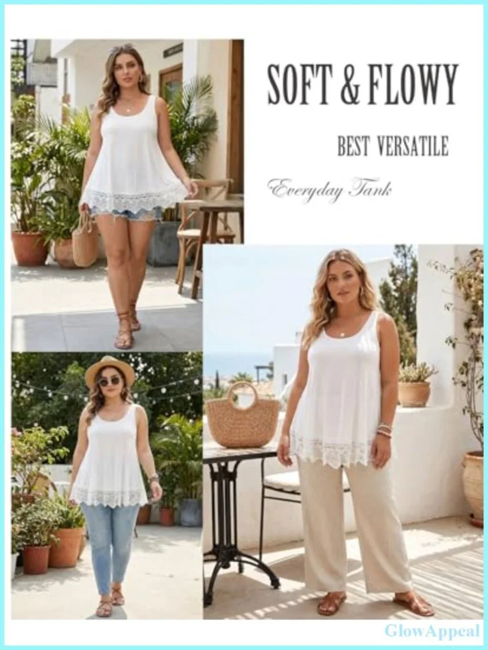 Plus Size Flowy Lace Trim Tank Top Sleeveless Rayon Spandex Tunic